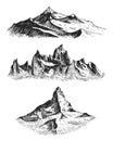 Big set of mountains peaks, vintage, old looking hand drawn, sketch or engraved style, different versions for hiking