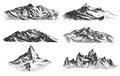 Big set of mountains peaks, vintage, old looking hand drawn, sketch or engraved style, different versions for hiking