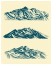 Big set of mountains peaks, vintage, old looking hand drawn, sketch or engraved style, different versions for hiking