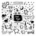 Big set of night symbols. Good Night lettering. Hand drawn cartoon collection. Black and white vector illustration on