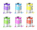 Big set of open metal paint cans with color paint and drops isolated on white