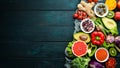 Big set organic food. Fresh vegetables and fruits. Top view. Royalty Free Stock Photo