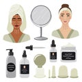 Big set of organic skin care products, face oil, vacuum massage cups. Female black and white faces with massage lines. Home beauty