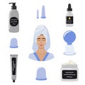 Big set of organic skin care products, face oil, vacuum massage cups. Female face with massage lines. Home beauty skin care