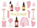 Big set of organic skin care products, face oil, vacuum massage cups, gua sha stones, rollers are made of rose quartz. Home beauty