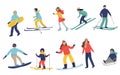 big set of people children dressed in winter clothing ice skates, snowboarding skiing. Male female cartoon ski snowboard