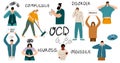 Big set with people suffering from obsessive compulsive disorder. Characters with neurosis, phobias, panic attacks. Vector hand-