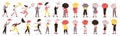 Big set people with umbrella. Young stylish people in stormy weather. Male and female characters walking outside Royalty Free Stock Photo