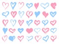 Big set of pink and blue grunge hearts. Design elements for Valentines day. Vector illustration heart shapes. Isolated