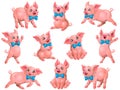 Big set pink pigs with blue bow Royalty Free Stock Photo