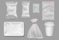 Big set of plastic packaging - sacks, tray, cup.