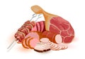 Big set with raw and prepared meat products: salo, bacon, sausage, steak, shashlik, barbeque, gigot.