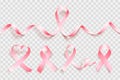 Big set of realistic pink ribbon isolated over white background. Symbol of breast cancer awareness month in october Royalty Free Stock Photo