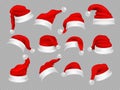 Big set of realistic Santa Hats isolated on transparent background