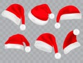 Big set of realistic Santa Hats isolated on transparent background. Vector santa claus hat colllection