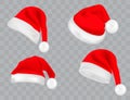 Big set of realistic Santa Hats isolated on transparent background. Vector santa claus hat colllection Royalty Free Stock Photo