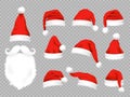 Big set of realistic Santa Hats isolated on transparent background. Vector santa claus hat colllection