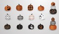 Big Set of Realistic vector Halloween spooky, creepy pumpkins with different faces, spider web . Cartoon Pumpkin Royalty Free Stock Photo