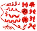 Big set of red gift bows with ribbons. Royalty Free Stock Photo