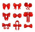 Big set of red gift bows with ribbons. Vector illustration Royalty Free Stock Photo