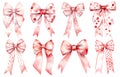 Big set of red gift bows with ribbons. Watercolor illustrations set isolated on white background Royalty Free Stock Photo