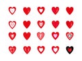 Big set of red grunge hearts. Design elements for Valentine`s Day. Isolated on white Royalty Free Stock Photo