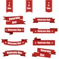 Big set of red ribbon with Veterans Day of USA. Vector illustration