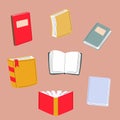 Big set with red, yellow, green, blue opened and closed textbooks, business diaries, workbooks in different positions.