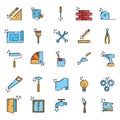 Big set of renovation house 25 icon, concept repair build tool stuff, instrument toolkit line art flat vector illustration, Royalty Free Stock Photo