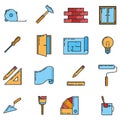 Big set of repair design house 16 icon, concept renovation tool stuff instrument toolkit line art flat vector illustration, Royalty Free Stock Photo