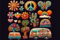 Big set of Retro 70s groovy elements, cute funky hippy stickers. Cartoon daisy flowers, mushrooms, peace sign, lips, rainbow,
