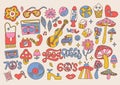 Big set of Retro 70s groovy elements, cute funky hippy stickers. Linear daisy flowers, mushrooms, peace sign, heart Royalty Free Stock Photo