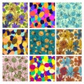 Big set of retro warm colorful simple seamless patterns with abstract floral and circle elements. Royalty Free Stock Photo