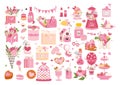 Big set of romantic elements for Valentine\'s day. Hearts, sweets, flowers, cupcakes, gifts, decoration and other cute items