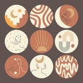 Big set of round icons for social media stories. Abstract various vector highlight covers with doodle objects, woman face, space Royalty Free Stock Photo