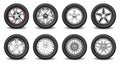 Big set of rubber wheel and chromed metallic alloy disk. Realistic car tire rims for web design