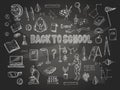 Big set of school items, such as a backpack, book, laptop, globe etc, chalked on a blackboard. Vector.