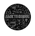 Big set of school items, such as a backpack, book, laptop, globe etc, chalked on a blackboard. Vector.