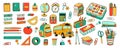 Big set of school stationery supplies. Back to school education cartoon collection in doodle retro style. Bold bright Royalty Free Stock Photo