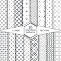 Big set of seamless patterns. Classical simple textures. Regularly repeating geometrical wrapping surfaces with dots, crosses, Royalty Free Stock Photo