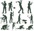 Big set of silhouettes of working builders