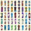 Big Set of skateboards and skateboarding elements street style. Painted in bright figures in a cartoon.
