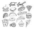 Big set of sketched fastfood elements. Burgers, tacos, pizza slices, donuts, french fries, cupcake, hot-dogs, ice-cream. Hand