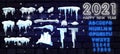 Big set of snow icicles and snow cap isolated with neon alphabet. Cartoon snowy elements over winter background. Design Royalty Free Stock Photo
