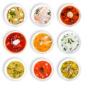 Big set of soups from worldwide cuisines, healthy food. Royalty Free Stock Photo