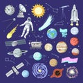 Big set of space elements, planets, rocket, satellites and telescope. Hand-drawn clip art elements. Vector graphic