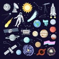 Big set of space elements, planets, rocket, satellites and telescope. Hand-drawn clip art elements. Vector graphic