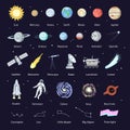 Big set of space elements, planets, rocket, satellites and telescope. Hand-drawn clip art elements. Vector graphic