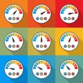 Big set of speedometer icons with long shadow. Vector illustration Royalty Free Stock Photo