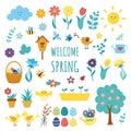 Big set of spring elements with flowers, birds Royalty Free Stock Photo